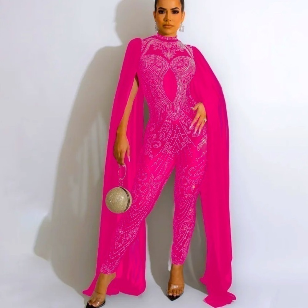 Jumpsuit rhinestone zipper back very stretchy mesh
